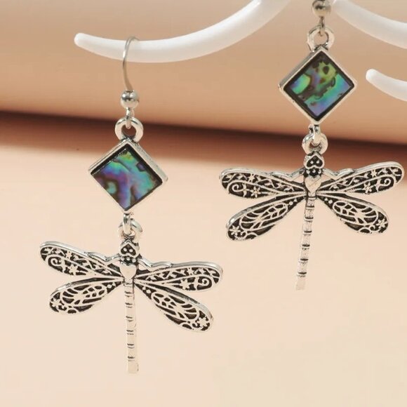2/$24 Dragonfly Dangle Earrings With Abalone Shell & Silver Filigree Design - Picture 4 of 7
